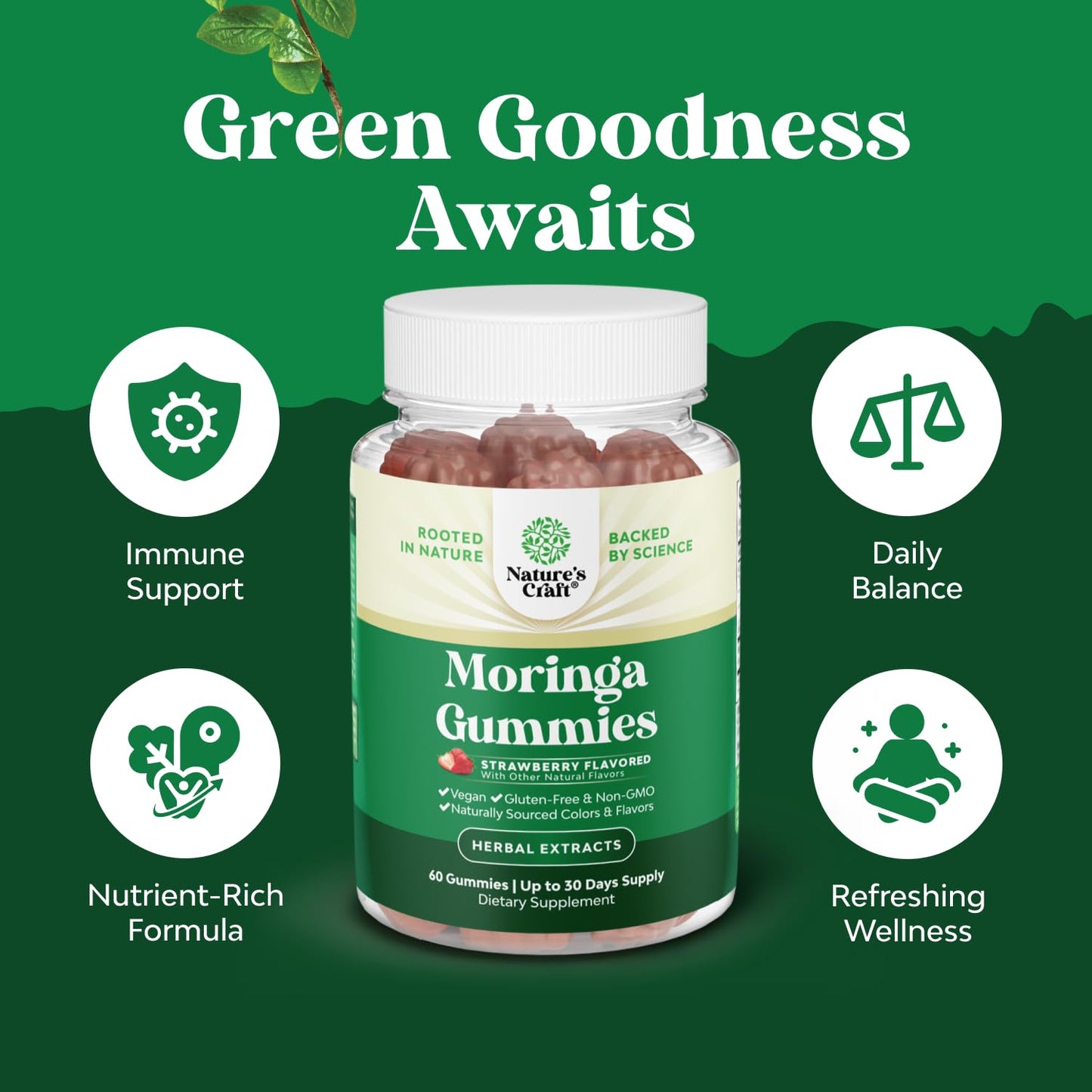 Extra Strength Moringa Gummies for Women – 10:1 Extract | Vegan Non-GMO