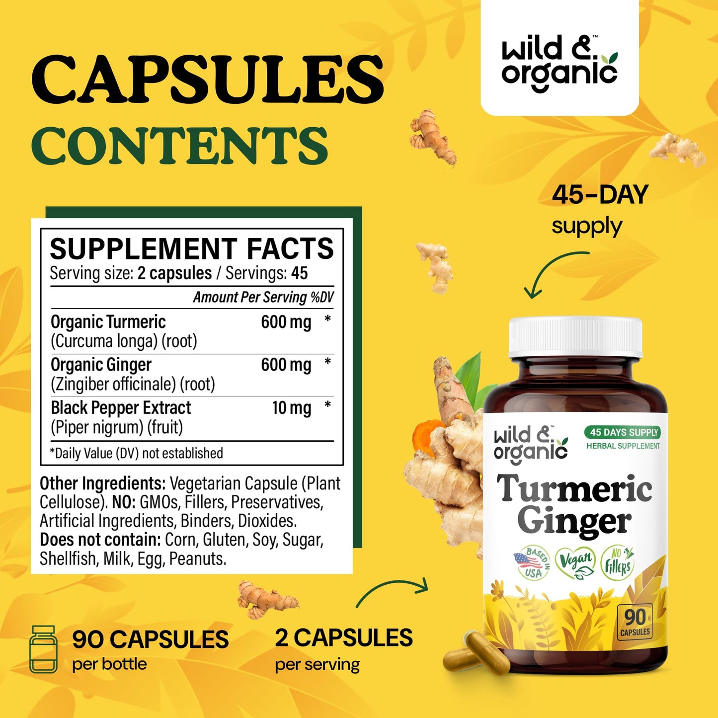 Wild & Organic Turmeric Ginger Capsules – Mobility & Immune Support | Vegan, Non-GMO | 90 Count