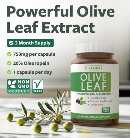 Super Strength Olive Leaf Extract Capsules – 750mg, 20% Oleuropein, Vegan & Non-GMO | Made in USA (2 Month Supply)