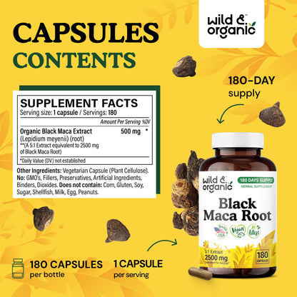 Wild & Organic Black Maca Root Capsules – 500 mg, 180 Count – Vegan, Non-GMO