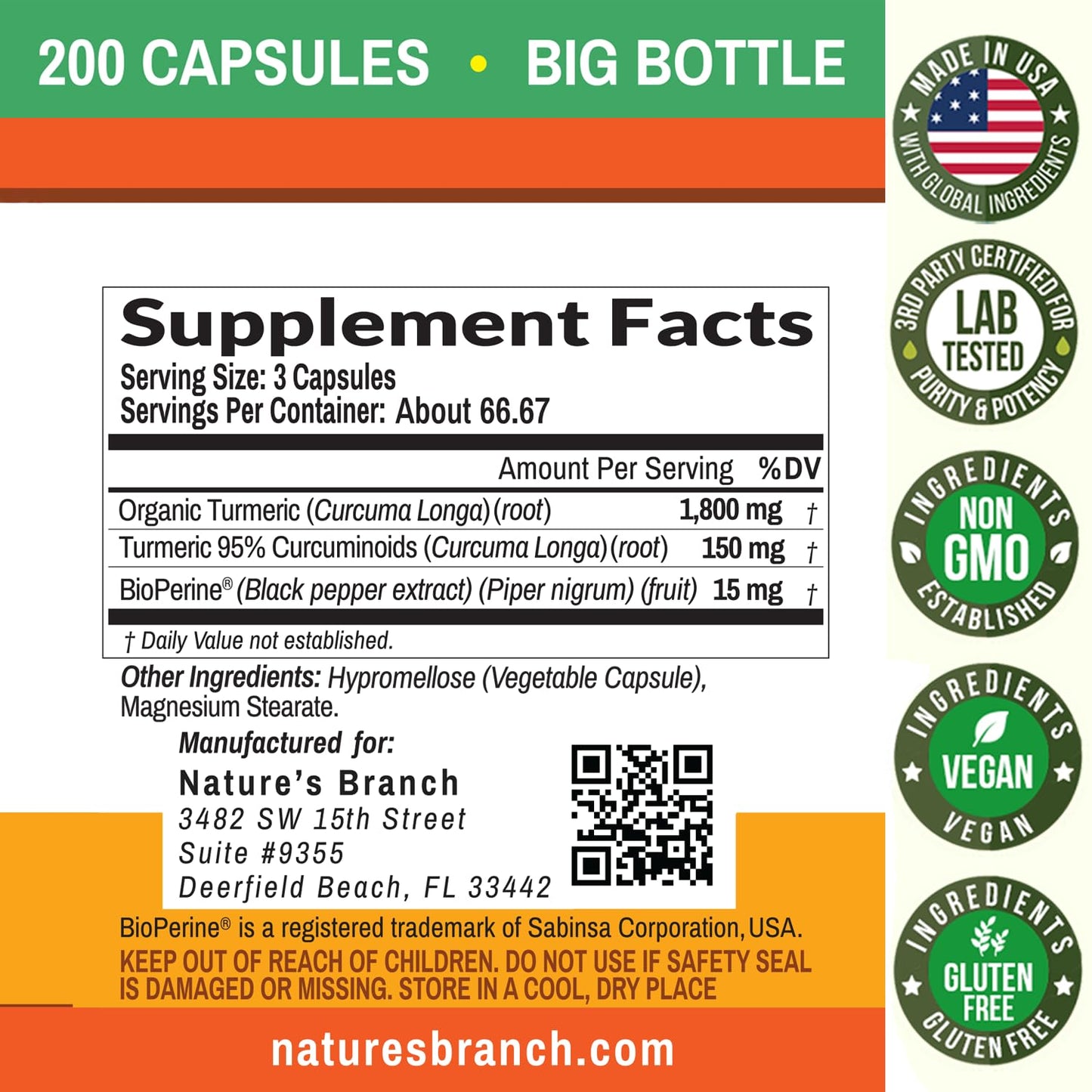 Turmeric Curcumin with Black Pepper – Organic, 1965mg, 200 Capsules