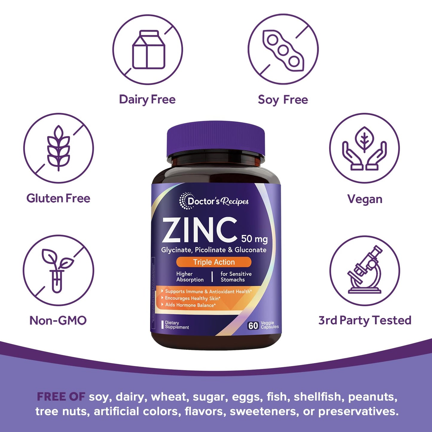 Doctor's Recipes Zinc Supplement 50mg – Triple Action Immune Support | 60 Capsules