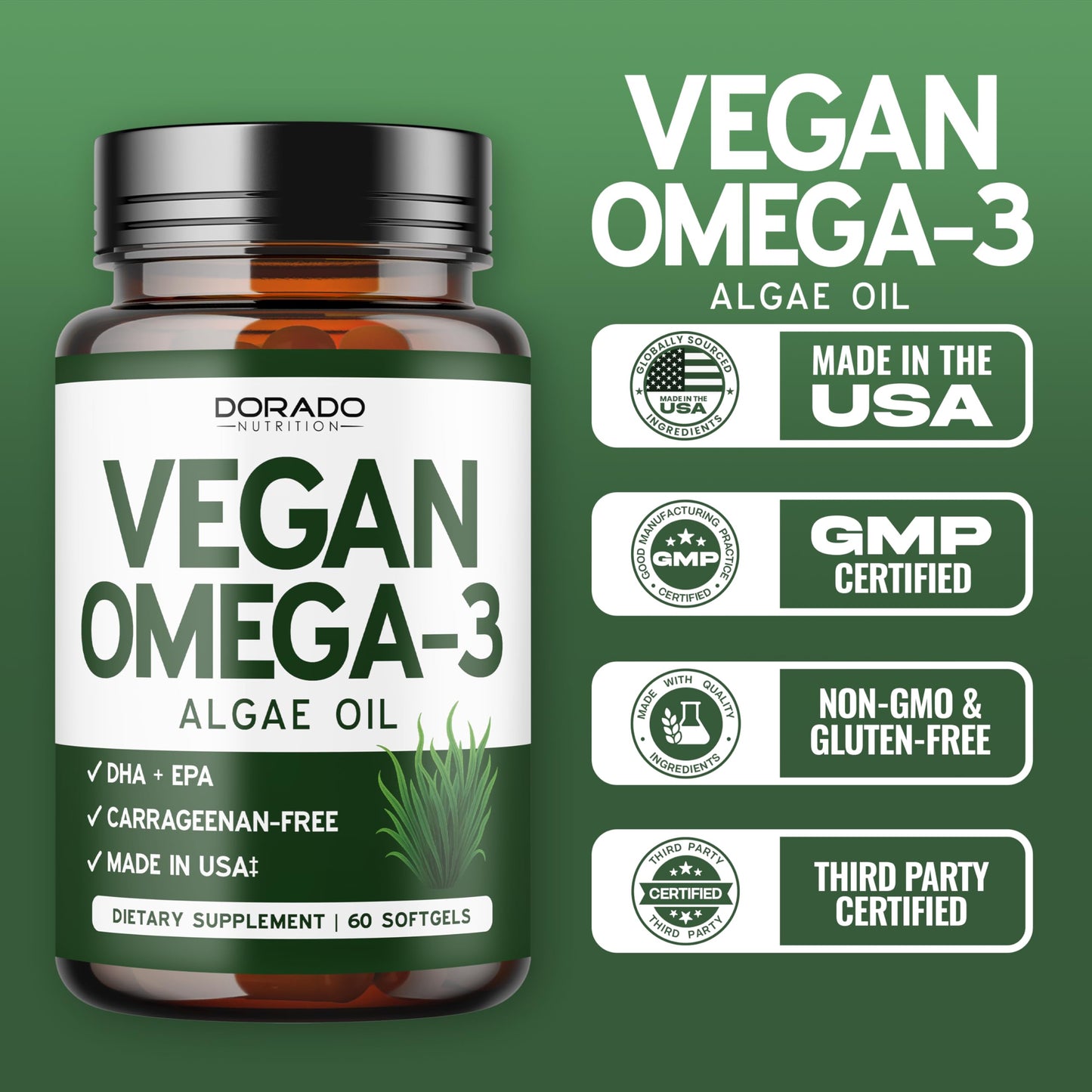Vegan Omega 3 Algae Oil - 60 Softgels | Plant-Based DHA & EPA | USA Made