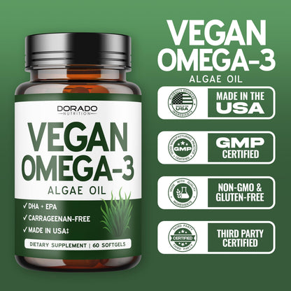 Vegan Omega 3 Algae Oil - 60 Softgels | Plant-Based DHA & EPA | USA Made