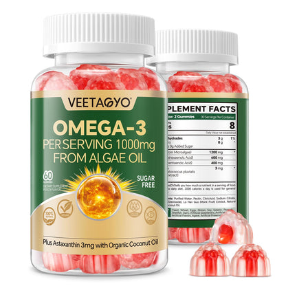 Vegan Omega 3 Gummies 1200mg - Dual Layer Algae DHA 600mg / EPA 400mg