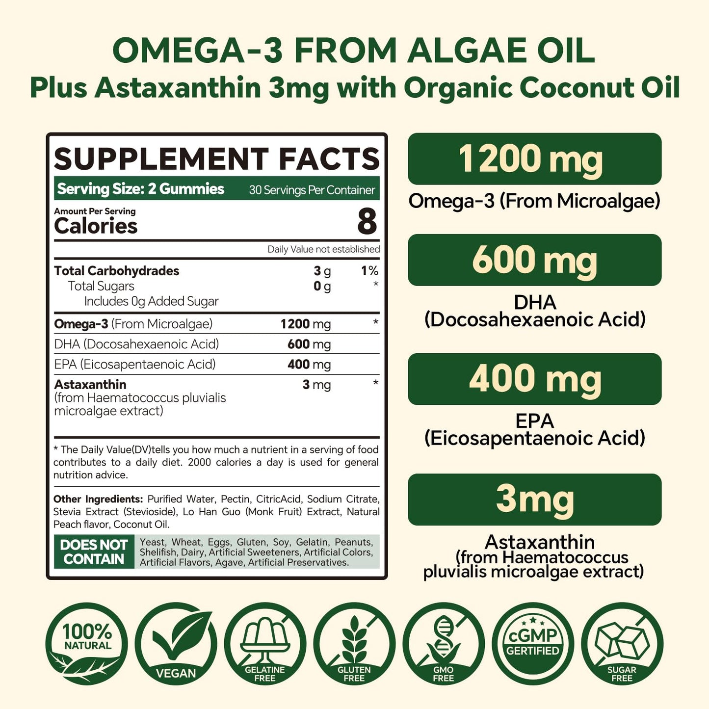 Vegan Omega 3 Gummies 1200mg - Dual Layer Algae DHA 600mg / EPA 400mg