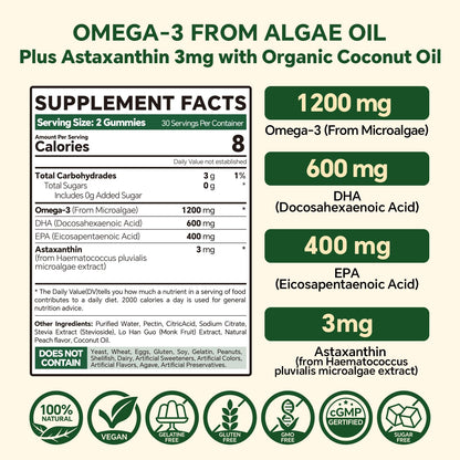 Vegan Omega 3 Gummies 1200mg - Dual Layer Algae DHA 600mg / EPA 400mg