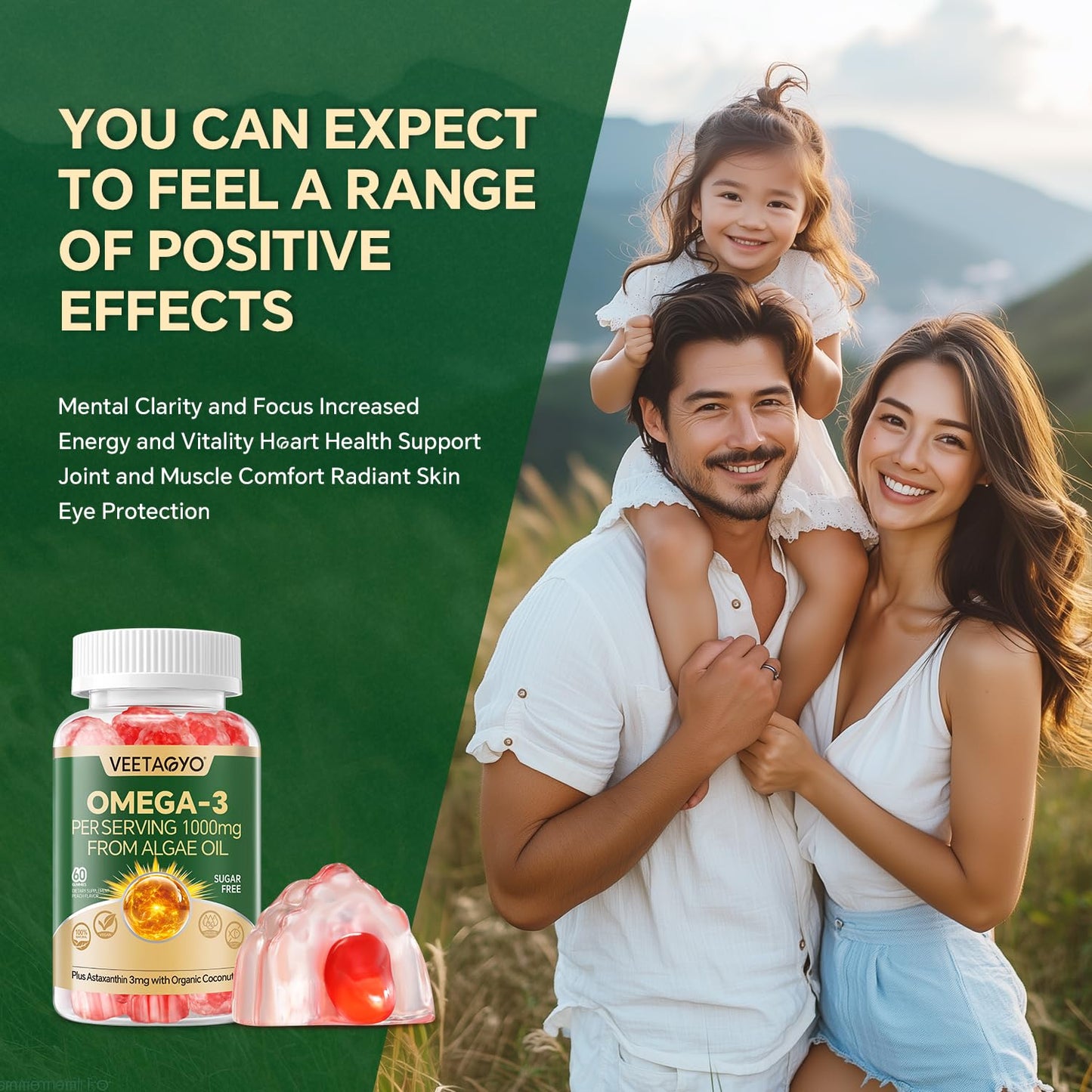 Vegan Omega 3 Gummies 1200mg - Dual Layer Algae DHA 600mg / EPA 400mg