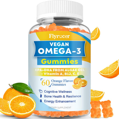 Vegan Omega-3 Gummies with Algal Oil - 1600MG DHA & EPA, 10 Essential Vitamins | Orange Flavor, 60 Count