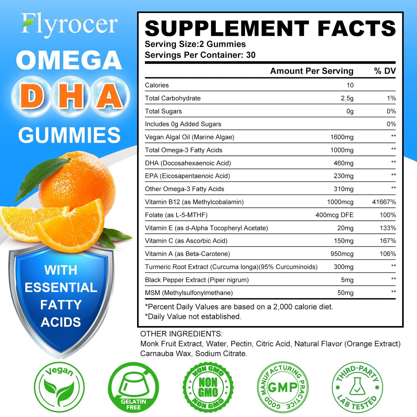 Vegan Omega-3 Gummies with Algal Oil - 1600MG DHA & EPA, 10 Essential Vitamins | Orange Flavor, 60 Count