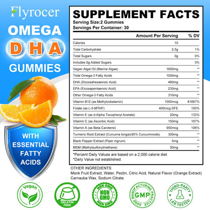 Vegan Omega-3 Gummies with Algal Oil - 1600MG DHA & EPA, 10 Essential Vitamins | Orange Flavor, 60 Count