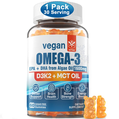 Vegan Omega-3 Gummies 1280mg + Vitamin D3 K2 (MK7) – Algae EPA 600mg & DHA 400mg, MCT Oil, Sugar Free