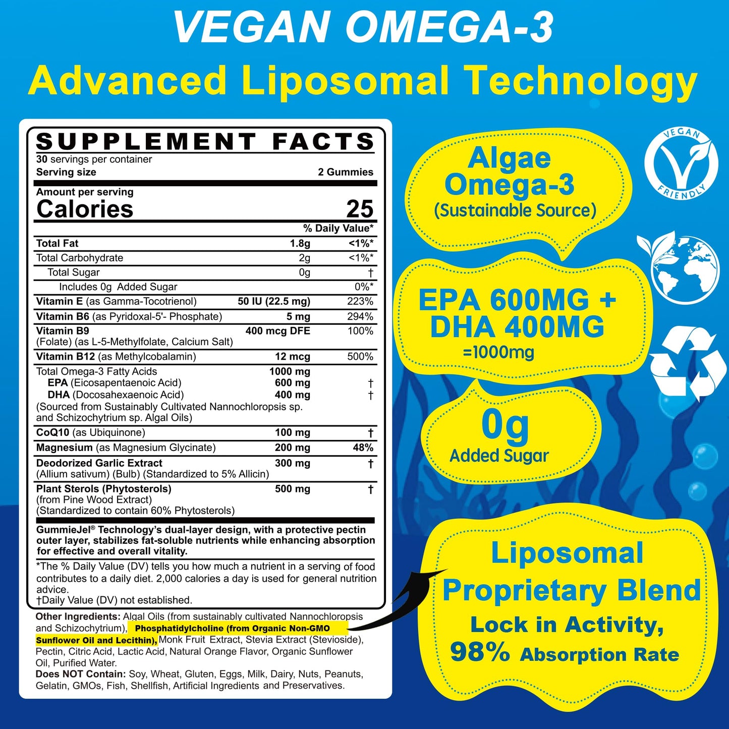 Vegan Omega-3 Gummies 1000mg with CoQ10 & Magnesium - EPA 600mg / DHA 400mg (Algae Liposomal)