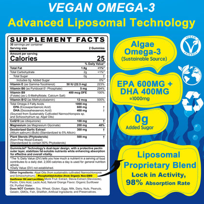 Vegan Omega-3 Gummies 1000mg with CoQ10 & Magnesium - EPA 600mg / DHA 400mg (Algae Liposomal)