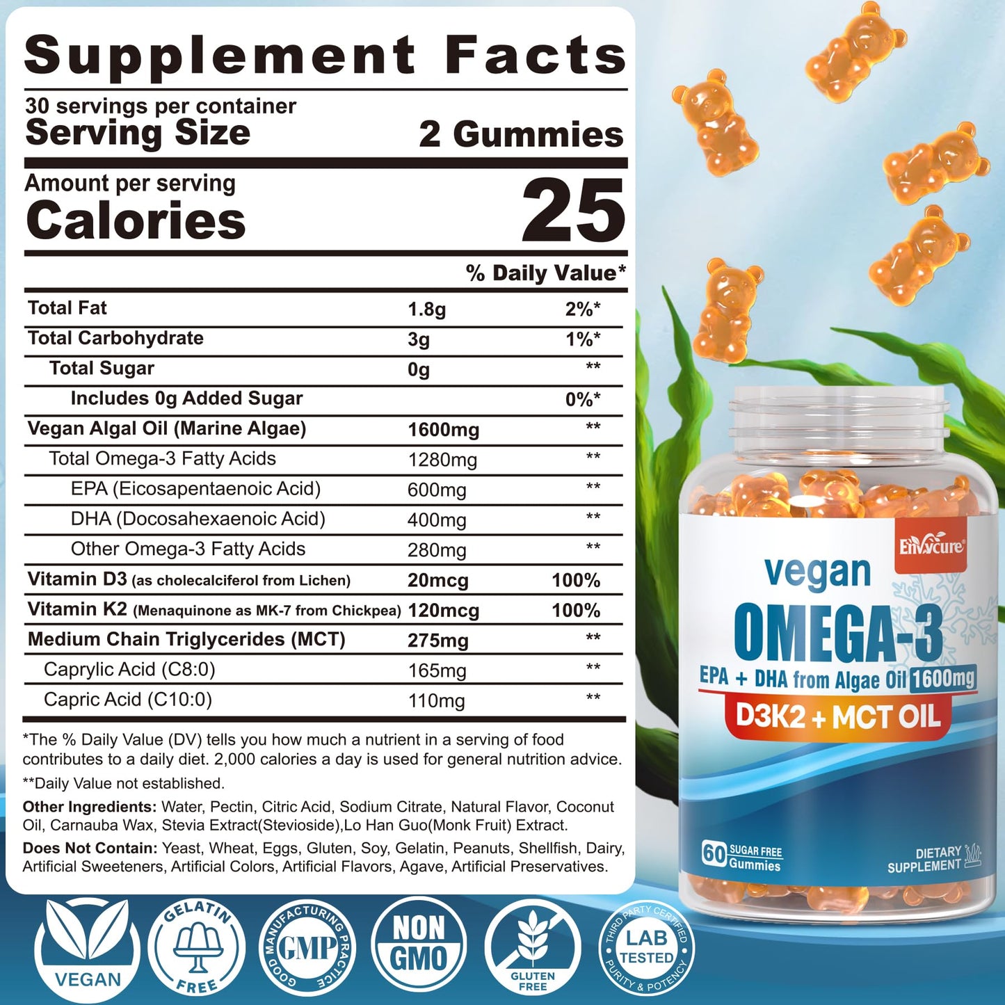 Vegan Omega-3 Gummies 1280mg + Vitamin D3 K2 (MK7) – Algae EPA 600mg & DHA 400mg, MCT Oil, Sugar Free