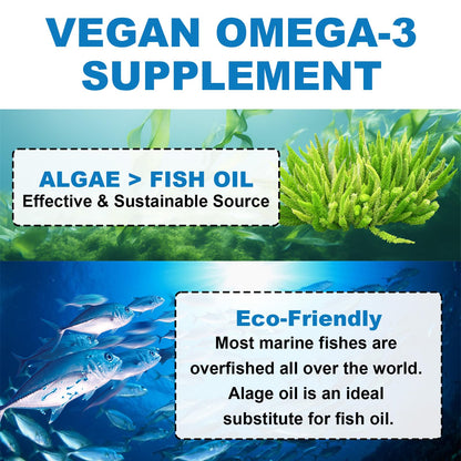 Vegan Omega-3 Gummies with Algal Oil - 1600MG DHA & EPA, 10 Essential Vitamins | Orange Flavor, 60 Count