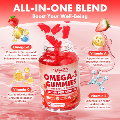 Vegan Omega-3 Gummies 1000mg | Algae DHA 460mg & EPA 230mg | Strawberry
