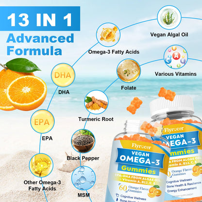 Vegan Omega-3 Gummies with Algal Oil - 1600MG DHA & EPA, 10 Essential Vitamins | Orange Flavor, 60 Count