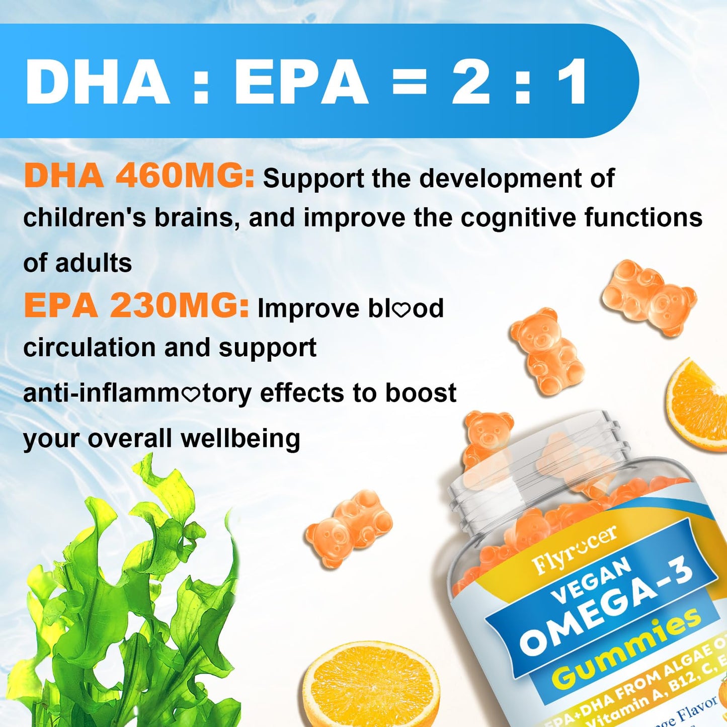 Vegan Omega-3 Gummies with Algal Oil - 1600MG DHA & EPA, 10 Essential Vitamins | Orange Flavor, 60 Count