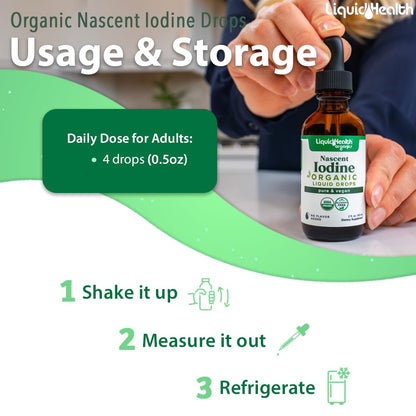 LIQUIDHEALTH Nascent Iodine Drops – USDA Organic, Colorless & Tasteless, Made in USA (2 oz) – Thyroid & Immunity Support, Vegan