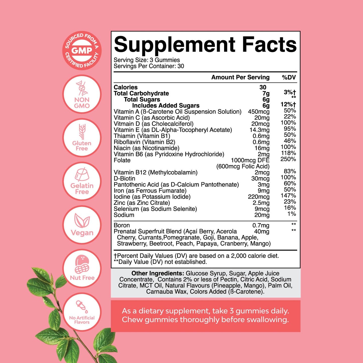 Vegan Prenatal Gummies for Women - Iron, Folate & Pineapple Mango (1 Month)