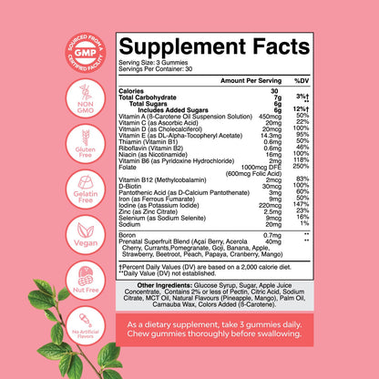 Vegan Prenatal Gummies for Women - Iron, Folate & Pineapple Mango (1 Month)