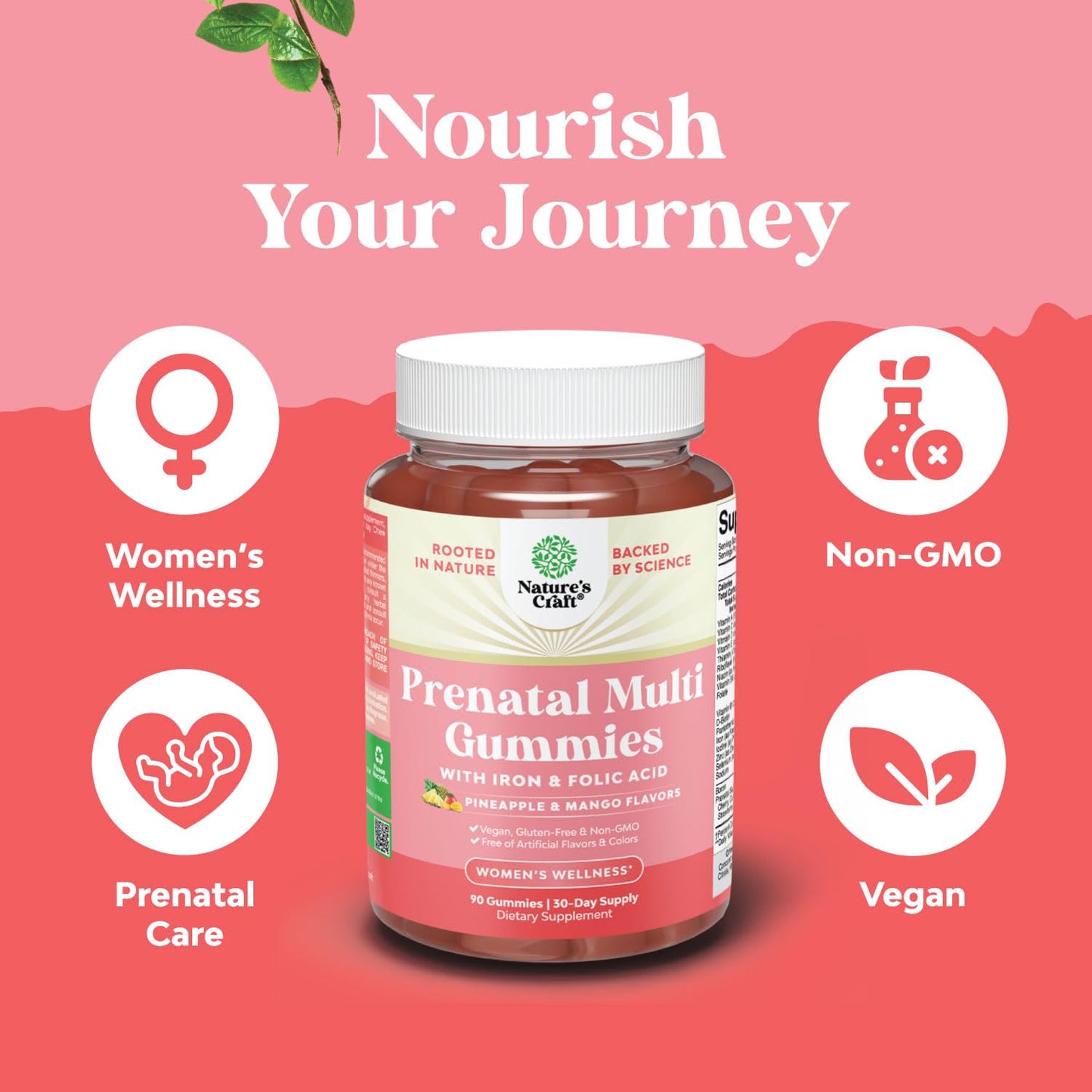 Vegan Prenatal Gummies for Women - Iron, Folate & Pineapple Mango (1 Month)