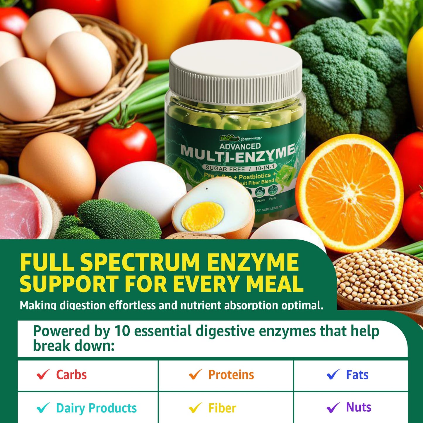 Digestive Enzymes Gummies for Women & Men | 90B CFU Probiotics + Prebiotics & Postbiotics | Fiber Blend | 60 Count