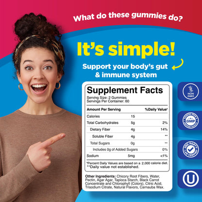 Fiber Gummies for Adults - Chicory Root Prebiotic Fiber (Sugar Free, Vegan) - 120 Count