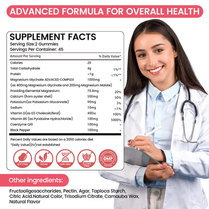 Magnesium Glycinate Gummies 1000mg – 90 Count | Calm Mood & Sleep Support (Raspberry)