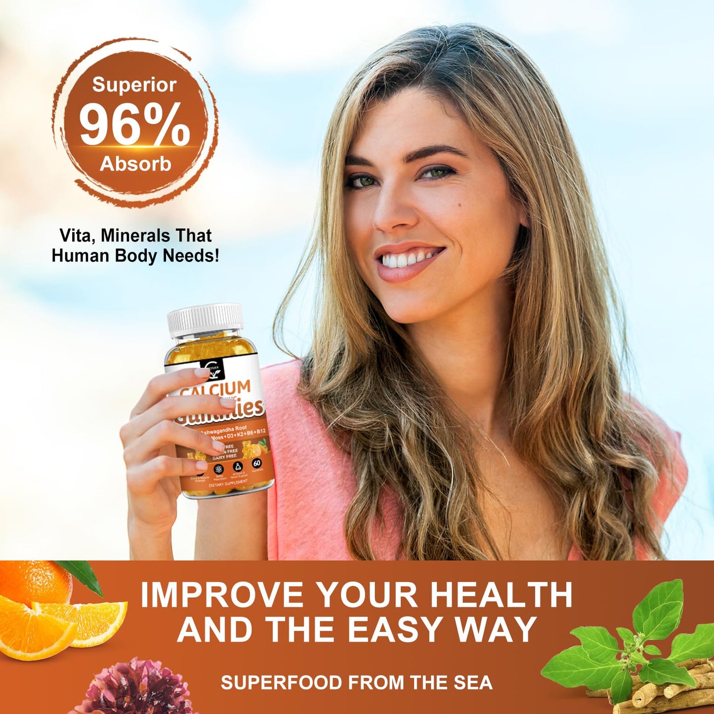 1200mg Calcium Gummies with D3, K2, B12 & B6 – Plant Complex Calcium Magnesium with Sea Moss