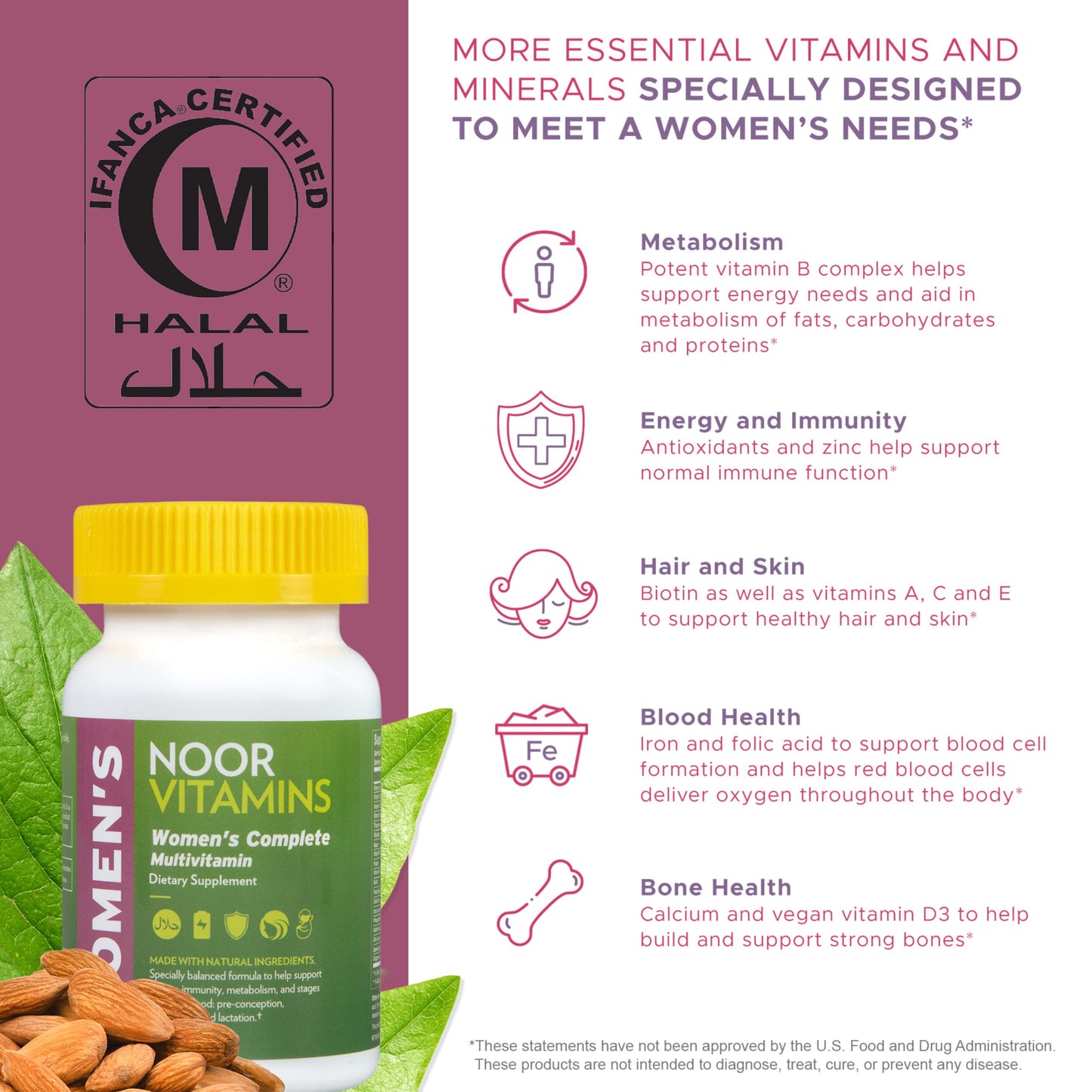 Noor Vitamins Halal Vegan Women's Multivitamin – Once Daily, 2-Month Supply