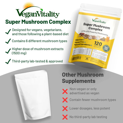 Vegan Vitality Multi Mushroom Supplement Complex - 120 Capsules | Reishi, Chaga, Shiitake, Maitake, Lion's Mane & Cordyceps