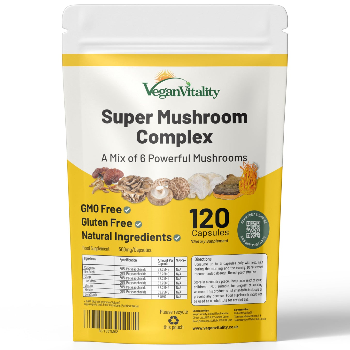 Vegan Vitality Multi Mushroom Supplement Complex - 120 Capsules | Reishi, Chaga, Shiitake, Maitake, Lion's Mane & Cordyceps