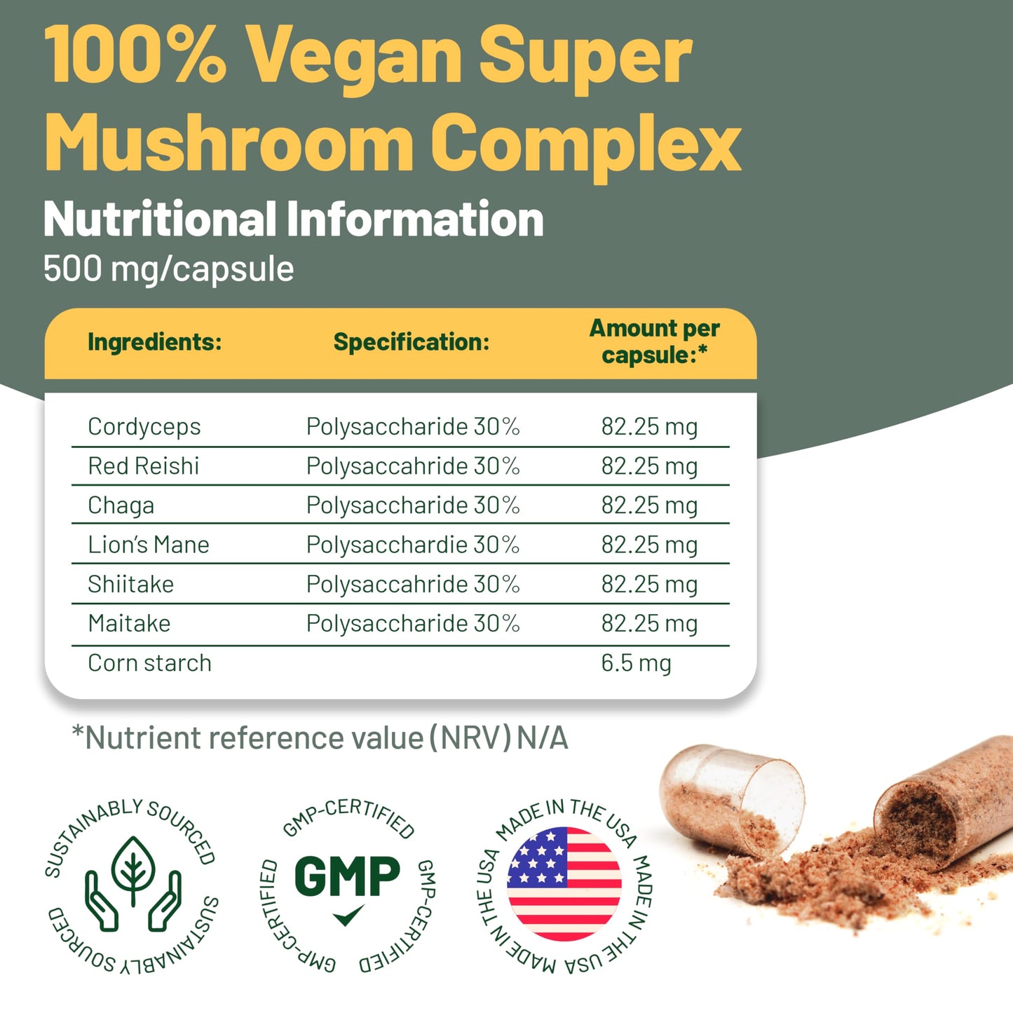 Vegan Vitality Multi Mushroom Supplement Complex - 120 Capsules | Reishi, Chaga, Shiitake, Maitake, Lion's Mane & Cordyceps