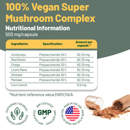 Vegan Vitality Multi Mushroom Supplement Complex - 120 Capsules | Reishi, Chaga, Shiitake, Maitake, Lion's Mane & Cordyceps