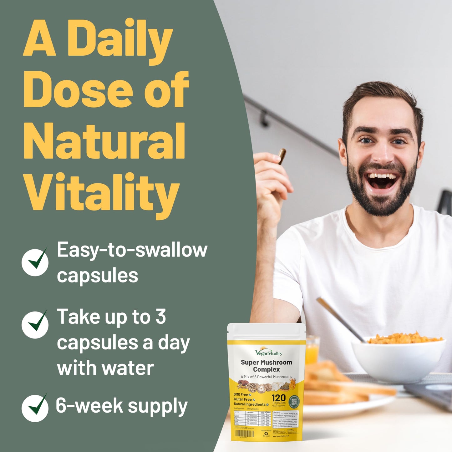 Vegan Vitality Multi Mushroom Supplement Complex - 120 Capsules | Reishi, Chaga, Shiitake, Maitake, Lion's Mane & Cordyceps