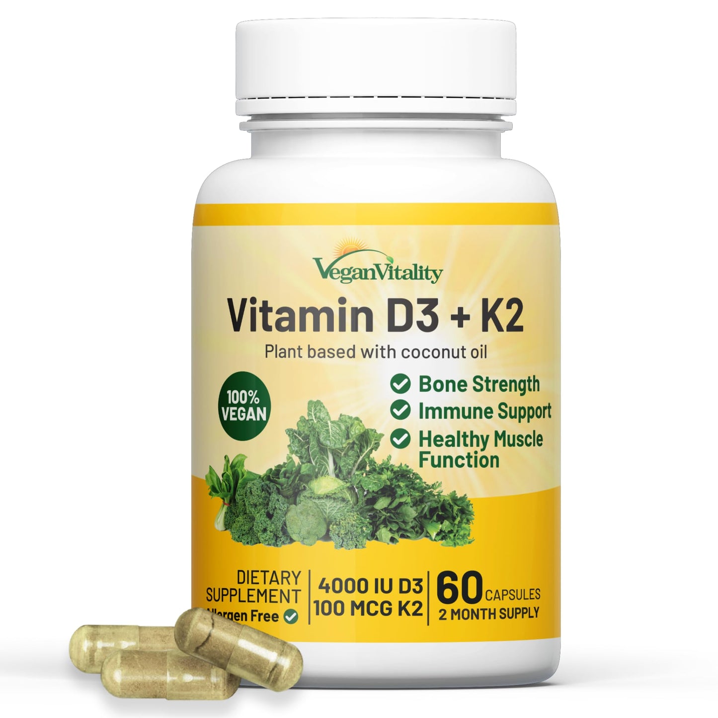Vegan Vitality Vitamin D3 K2 4000IU (60 Capsules) – Plant-Based D3 + K2 with Coconut Oil