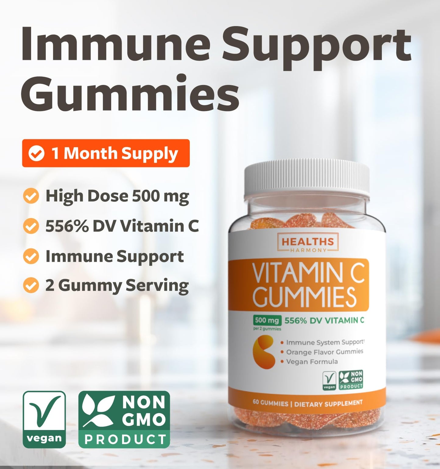 Vegan Vitamin C Gummies for Adults – 500 mg Immune Support, Orange Flavor, Non-GMO (1 Month)