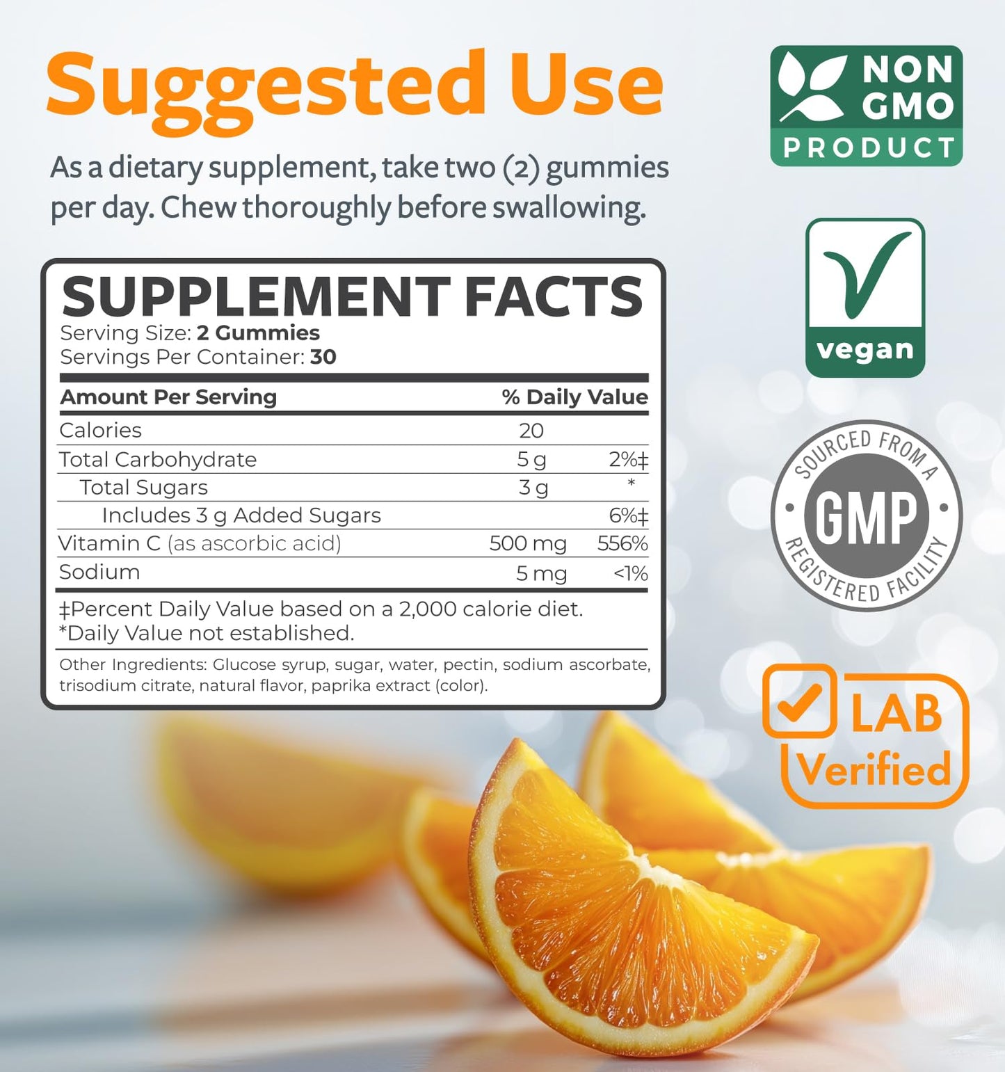 Vegan Vitamin C Gummies for Adults – 500 mg Immune Support, Orange Flavor, Non-GMO (1 Month)