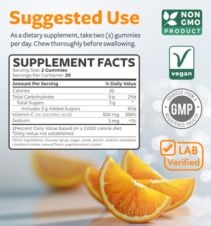 Vegan Vitamin C Gummies for Adults – 500 mg Immune Support, Orange Flavor, Non-GMO (1 Month)