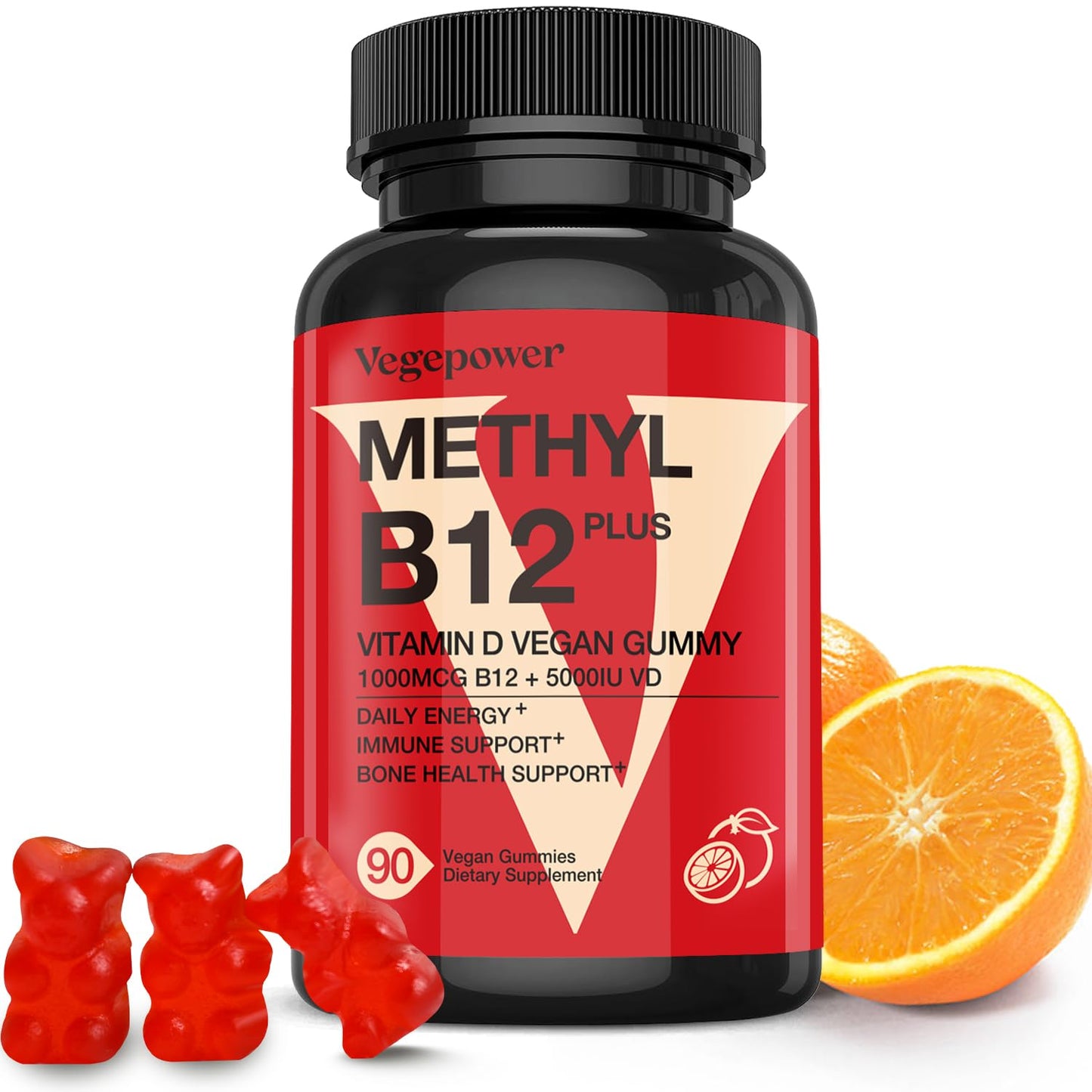 Vegan Vitamin D3 + B12 Gummies – Orange Flavor, 90 Gummies for Adults & Kids | Vegepower