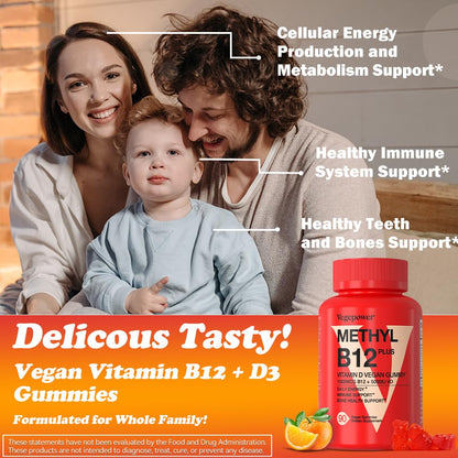 Vegan Vitamin D3 + B12 Gummies – Orange Flavor, 90 Gummies for Adults & Kids | Vegepower