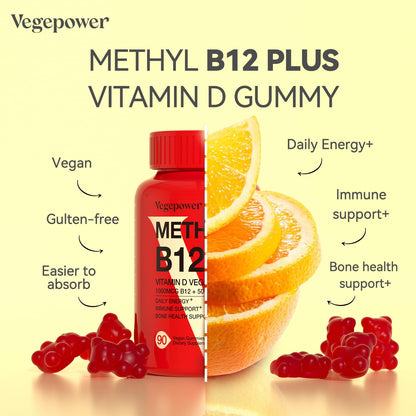 Vegan Vitamin D3 + B12 Gummies – Orange Flavor, 90 Gummies for Adults & Kids | Vegepower