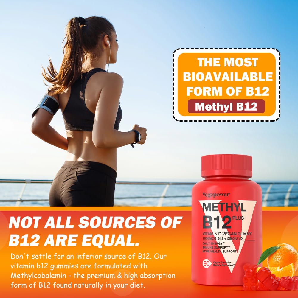 Vegan Vitamin D3 + B12 Gummies – Orange Flavor, 90 Gummies for Adults & Kids | Vegepower