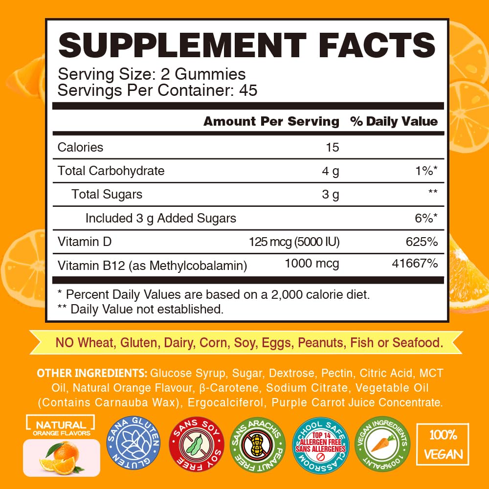 Vegan Vitamin D3 + B12 Gummies – Orange Flavor, 90 Gummies for Adults & Kids | Vegepower