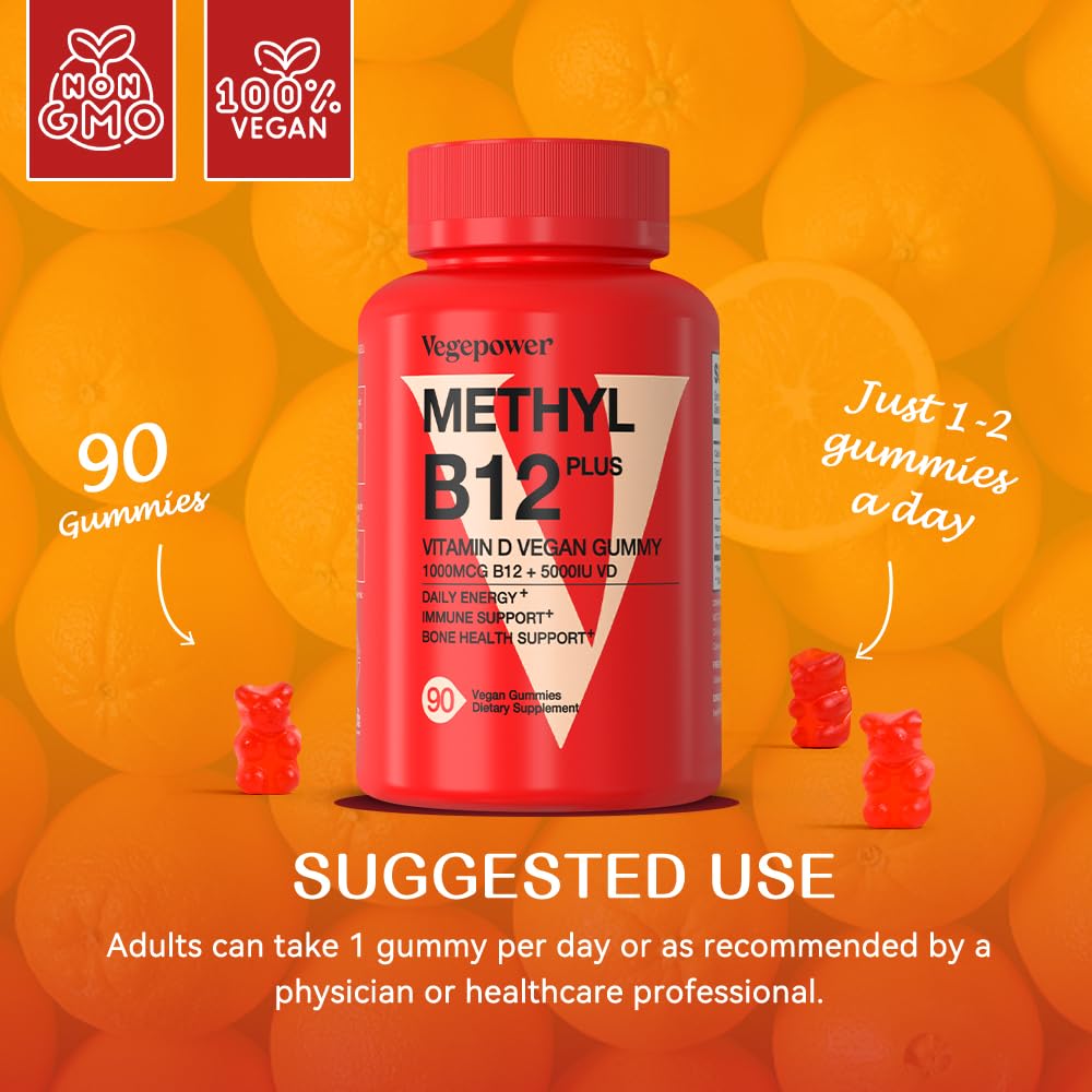 Vegan Vitamin D3 + B12 Gummies – Orange Flavor, 90 Gummies for Adults & Kids | Vegepower