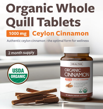 USDA Organic Ceylon Cinnamon Pills - 1000mg per Serving, 120 Veggie Capsules | Full Body Antioxidant Support | Vegan & Non-GMO (2 Months Supply)