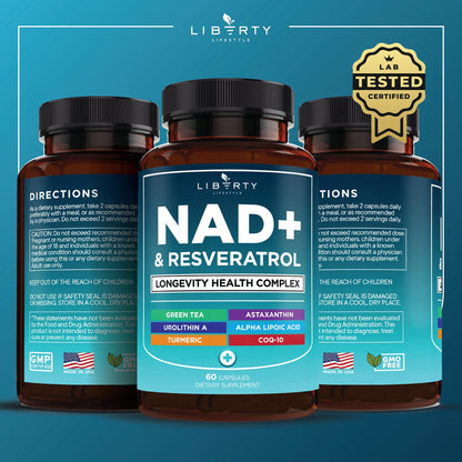 NAD+ 300 mg Supplement with Astaxanthin, Urolithin A, Resveratrol & CoQ10 – 60 Capsules (Vegan, Non-GMO)