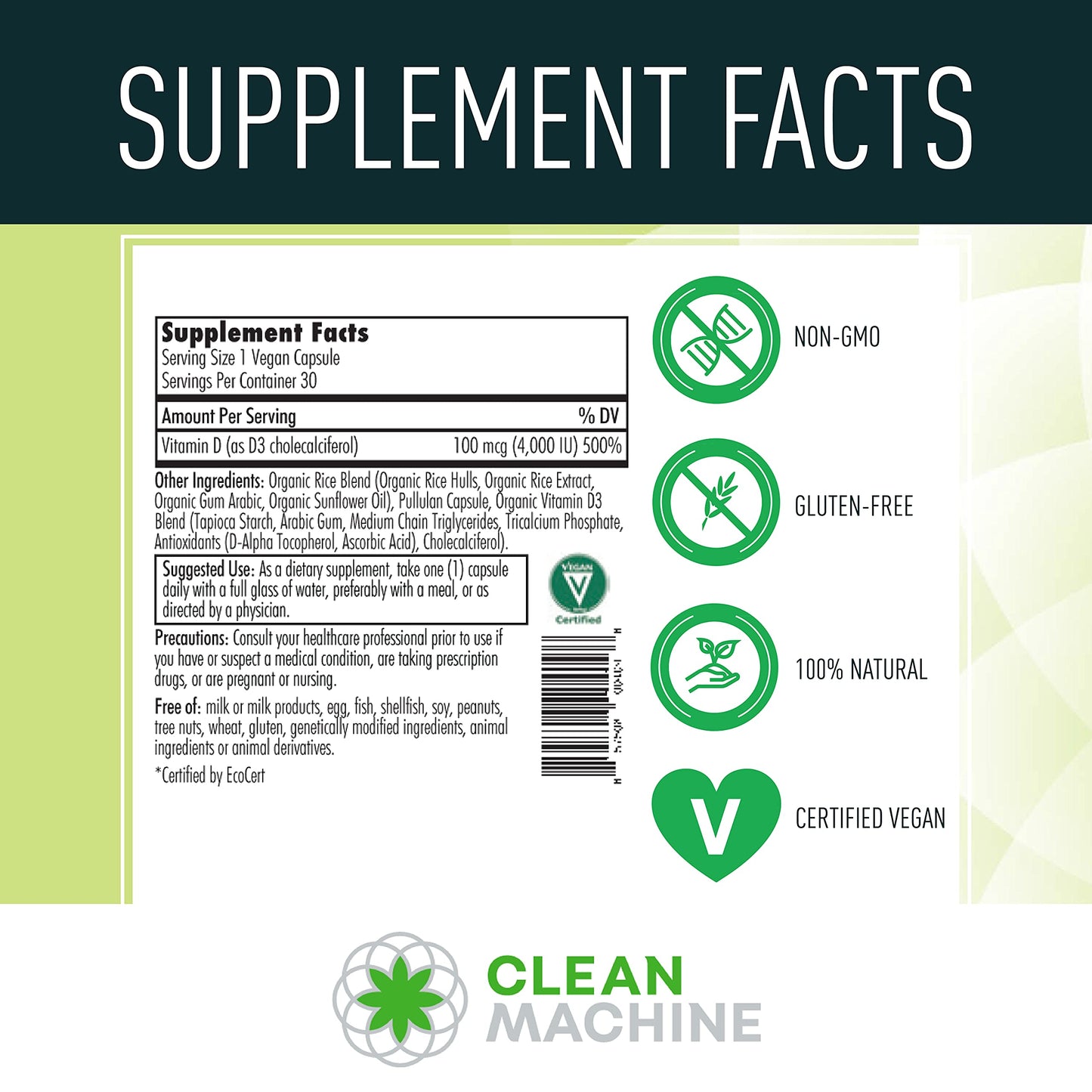 CLEAN MACHINE Organic Vegan Vitamin D3 4000 IU | 30 Capsules | USDA Certified Organic